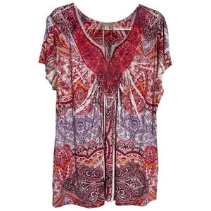 Energe 2X red + multicolor boho print flutter‎ short sleeve top